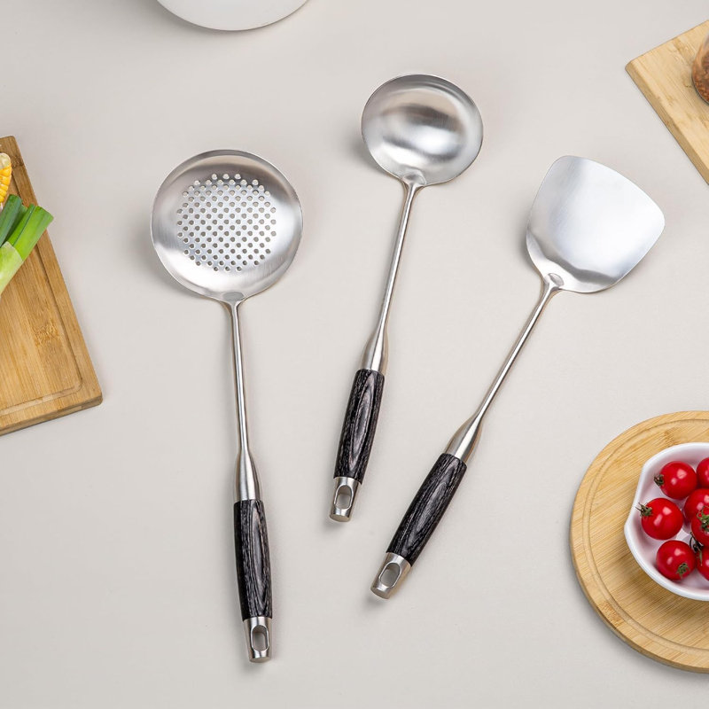 Ensemble d'ustensiles wok en acier inoxydable - 3 outils résistants à la chaleur avec poignées en bois pour la cuisson