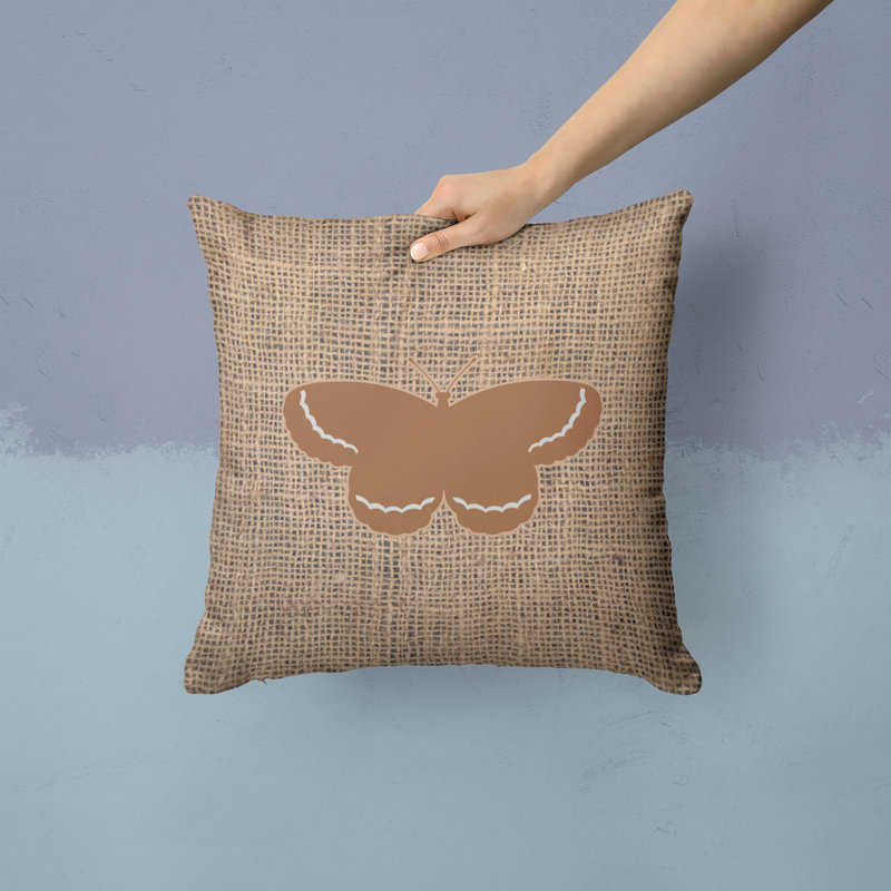 Coussin décoratif d’intérieur/d’extérieur carré en toile jute à imprimé papillon, H 14 po x l 14 po x P 4 po, Brun