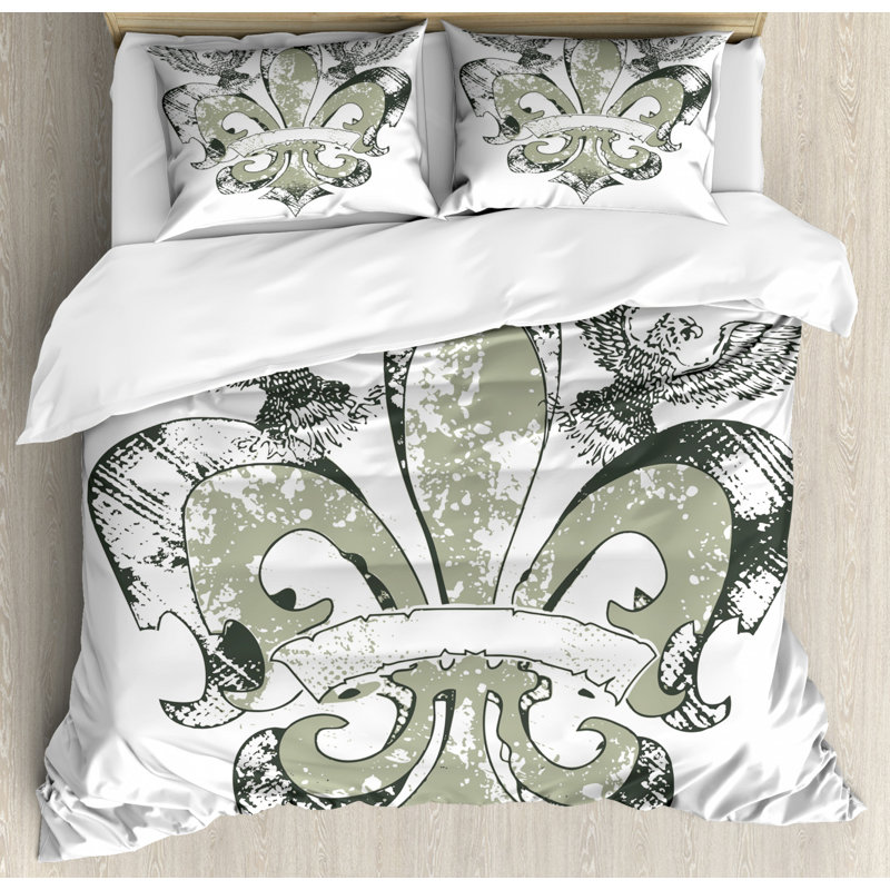 King Size Green and White Fleur De Lis Duvet Cover Set