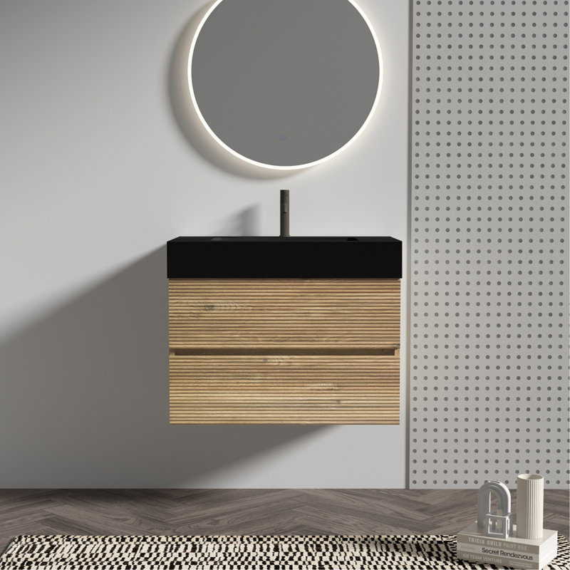 Meuble-lavabo de 30 po avec lavabo en quartz d'ingénierie et tiroirs noirs doux, meuble-lavabo mural flottant pour salle de bain moderne, lavabo une pièce noir mat, KD