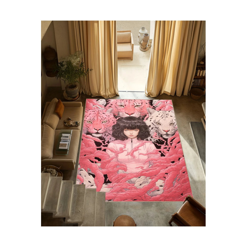Pink Themed Surrealist Design Women's Tiger Pattern Modern Decorative Carpet, Rectangle 2'4" x 4'