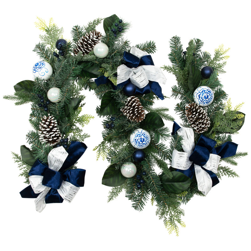 Frosted Pine With Blueberries Bows And Ornaments Christmas Garland - 6' X 8" - Unlit