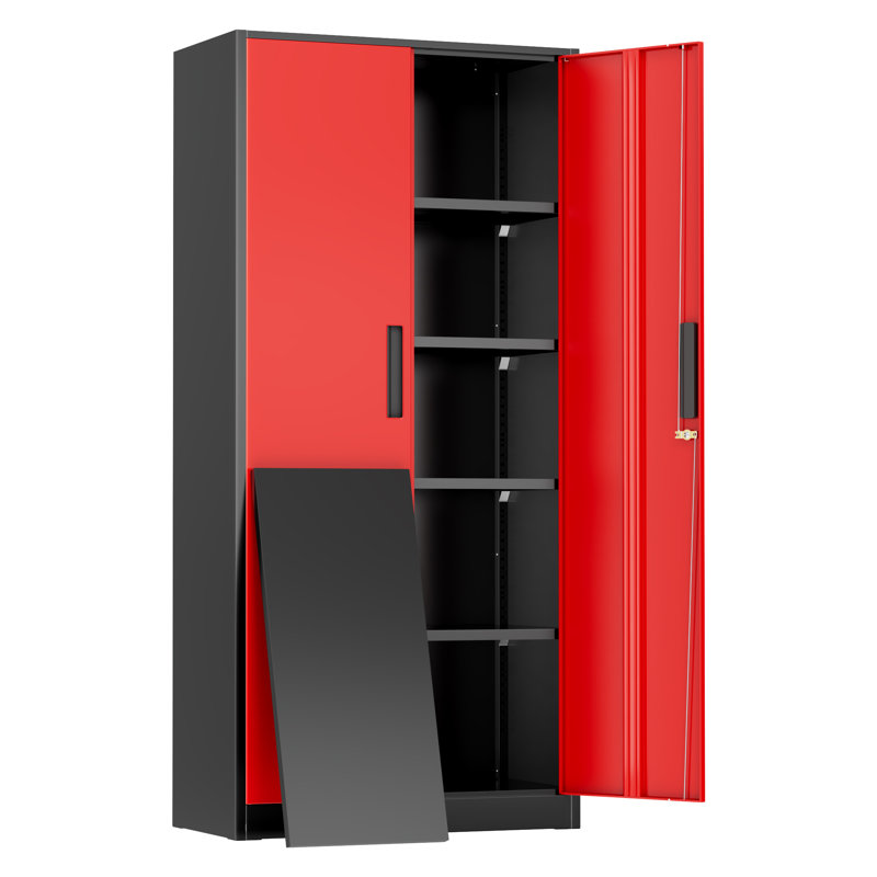 Steel Single Storage Cabinet with Lock ( 72'' H x 32'' W x 16'' D), Black/Red