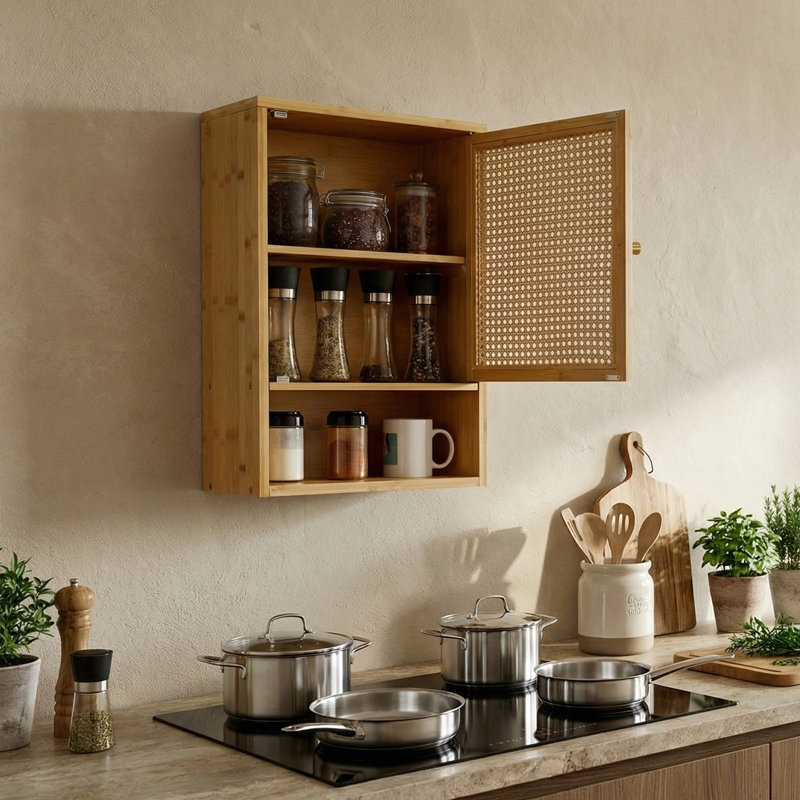 Armoire murale en rotin pour salle de bain Farmhouse, rangement en bois à 3 niveaux avec portes tissées et loquet magnétique
