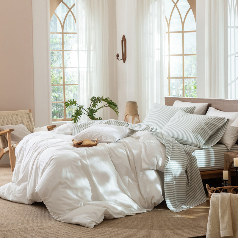 Ensemble de draps 100% coton lavé MooMee, Ensemble de draps pour grand lit avec 2 taies d'or