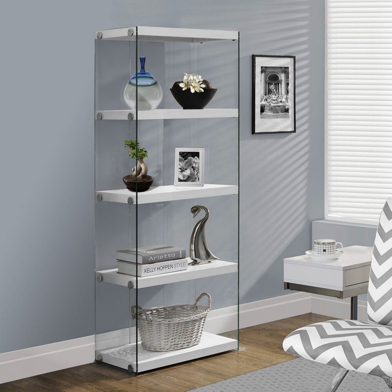 Bookshelf, Bookcase, Etagere, 5 Tier, 60"H, Office, Bedroom, Glossy White Laminate, Clear Tempered Glass, Contemporary, Modern