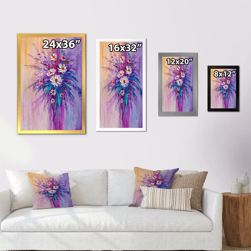 Vase de fleurs blanches et mauves - reproduction traditionnelle, H 12 po x l 8 po x P 1 po, Cadre photo noir