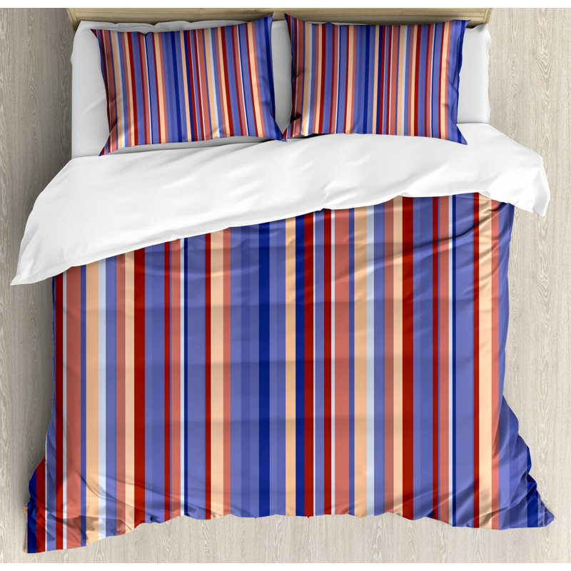 Queen Violet Blue Salmon Striped Microfiber Duvet Cover Set