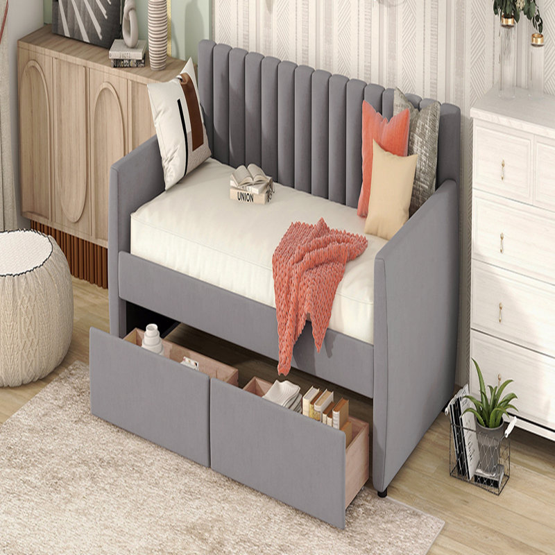 Twin Size Upholstered Daybed With Drawers, Wood Slat Support, Gray