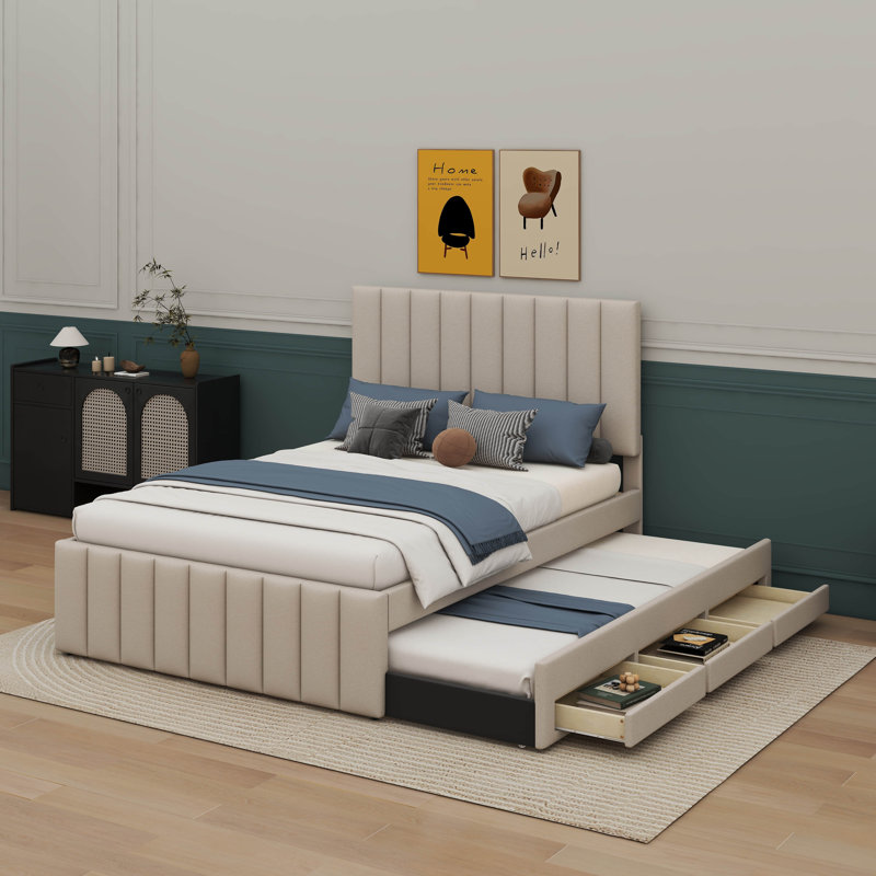 Lit double tapissier pleine grandeur avec lit gigogne à 3 tiroirs, Beige