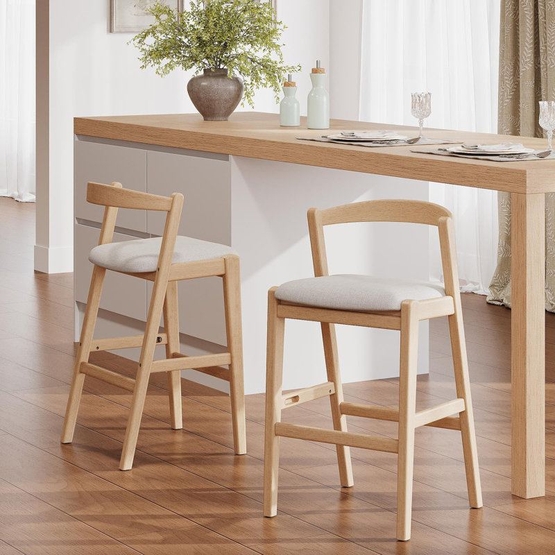 Balmain Indoor Rubberwood Barstool, Natural Finished And Beige Upholstery, Set Of 2, Natural
