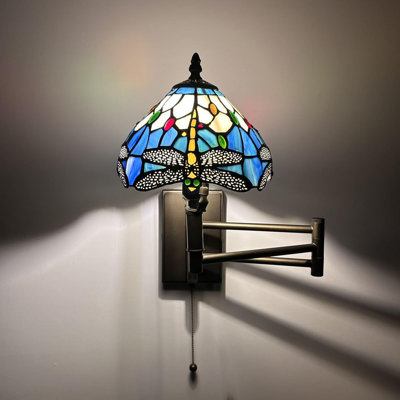 Tiffany Sconce Lamp Swing Arm Stained Glass Dragonfly Pull Chain Switch 13”W*8”D*15”H
