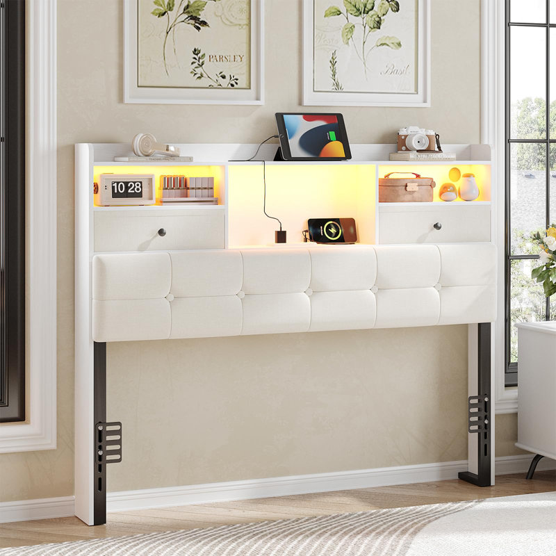 Tête de lit avec prises, ports USB et lumière DEL, Grand, Blanc / Crème