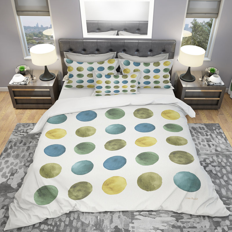Mid-Century Modern Duvet Cover Set - Microfiber Polyester, Twin Duvet Cover + 1 Sham, Green Tones Geometric Circles