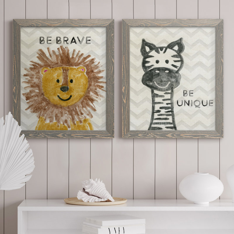 Safari Be Brave - ensemble de 2 reproductions, H 20 po x l 17 po x P 1 po, Toile avec cadre gris, Pas de tapis