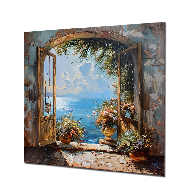 Fenêtre française vue sur l'horizon bleu méditerranéen - fenêtres encadrées côtières, H 16 po x l 16 po x P 1 po, Métal métal
