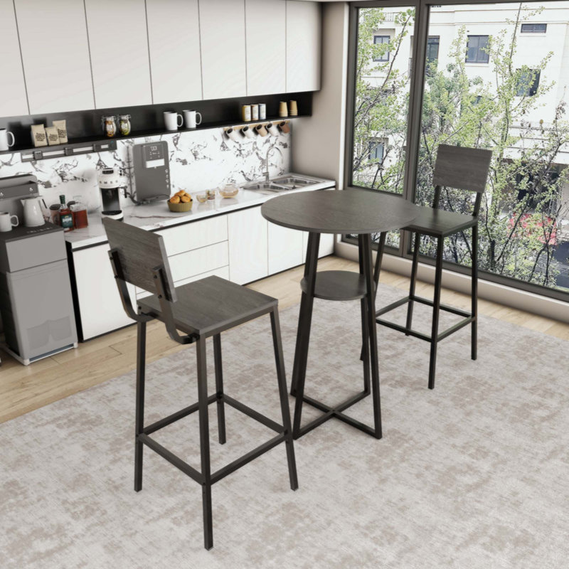 Ensemble de table de bar 3 pièces avec 2 tabourets de bar, table de bistro ronde à hauteur de pub avec tablette de rangement, ensemble de salle à manger à hauteur de comptoir industriel pour cuisine, appartement, balcon et café