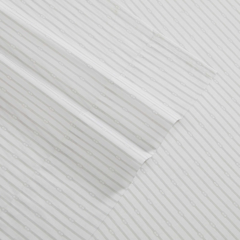 Tommy Hilfiger Printed Percale Cotton Sheet Set, Queen Sheet Set with 2 Pillowcases, Monogram Stripe Grey