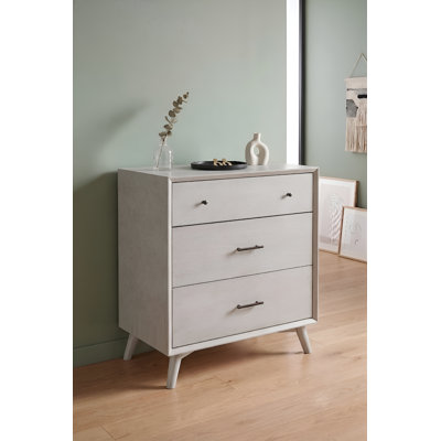 Petite commode grise à 3 tiroirs Mid-Century moderne - rangement pour chambre en bois massif - entièrement assemblée