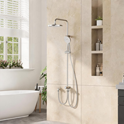 Modern Rainfall Shower System, 25cm Round Stainless Steel Overhead & Handheld Shower Heads, Adjustable Telescopic Rail - Easy Install