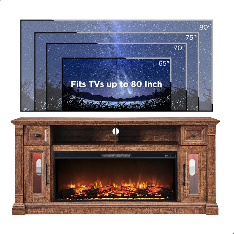 Diamandi Wood TV Stand with Fireplace, Brown Wood