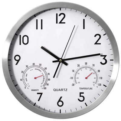 Ebern Designs Non-ticking Quartz Wall Clock With Thermometer & Hygrometer - Battery Operated Aluminum Analog Clock For Temperature & Humidity Monitoring - Ideal For Home, Office Or School, Silver