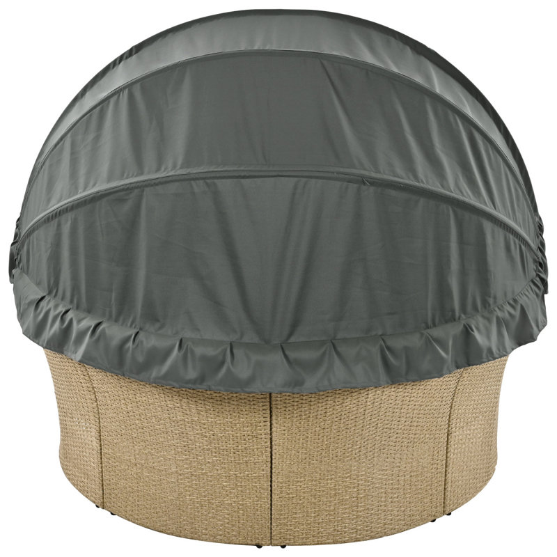 Outdoor Patio Daybed Wicker Rattan Double Daybed Round Sofa Furniture Set With Retractable Canopy, 4 Pillows, Gray