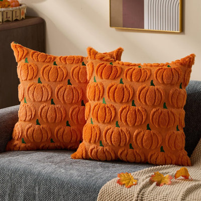 Housses de coussin d'automne 45x45 cm (lot de 2) - Motif citrouille orange et verte - Décoration automnale - Ensemble de 2 housses de coussin décoratives en fausse fourrure douce et peluche - Coussin pour canapé, fauteuil, chambre, salon - Décoration intérieure