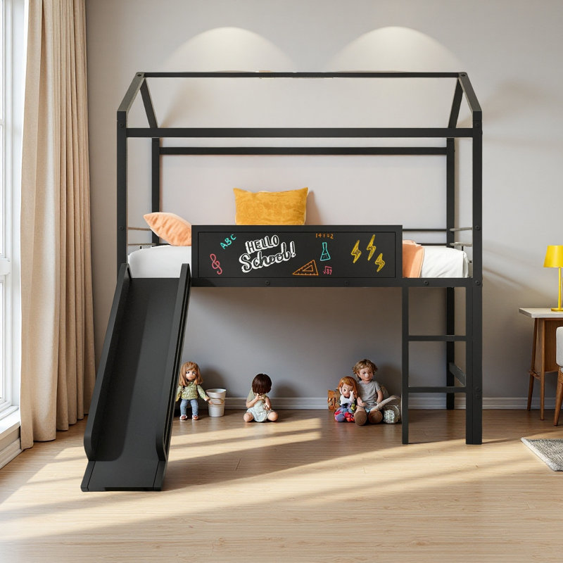 Metal House Bed With Slide, Twin Size Metal Loft Bed With Two-Sided Writable Wooden Board, Black