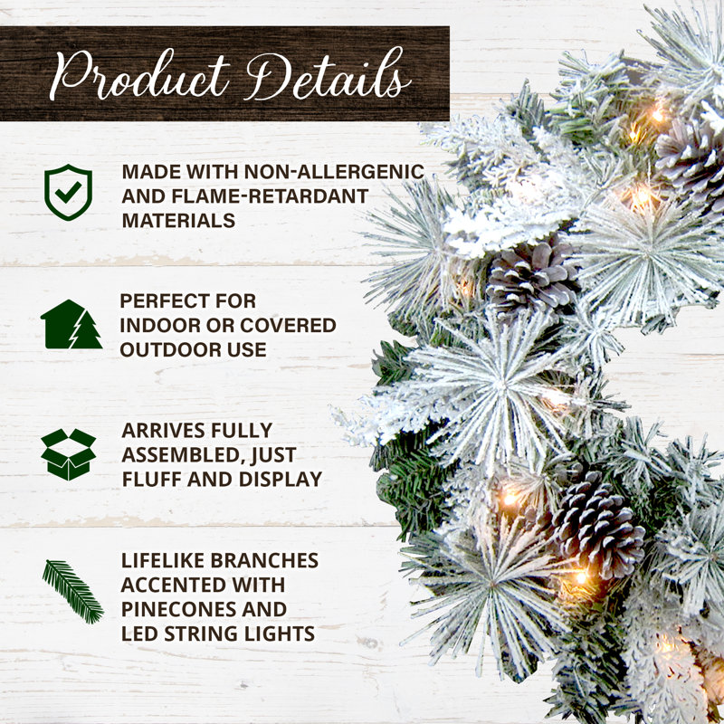 24-Inch Artificial Christmas Wreath with Pinecones and Snow Flocking