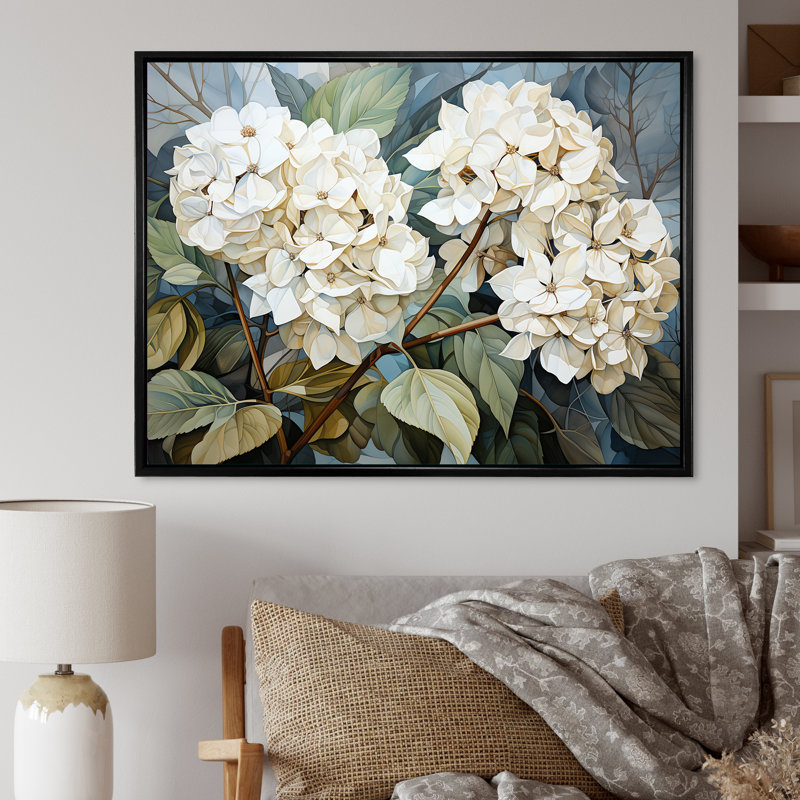 «Cubist Hydrangea L'interpretation» - art mural hortensia, H 24 po x l 32 po x P 1 po, Cadre flottant noir