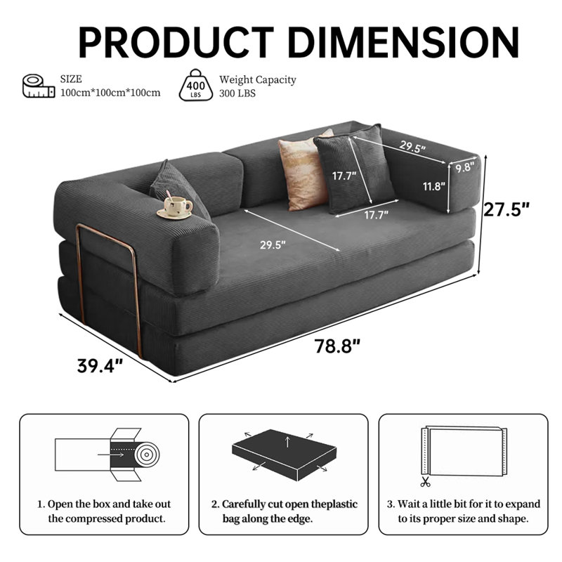 Canapé-lit modulaire convertible 2-en-1 avec matelas en mousse viscoélastique - aucun assemblage requis, canapé-lit peu encombrant pour salon, chambre à coucher, studio