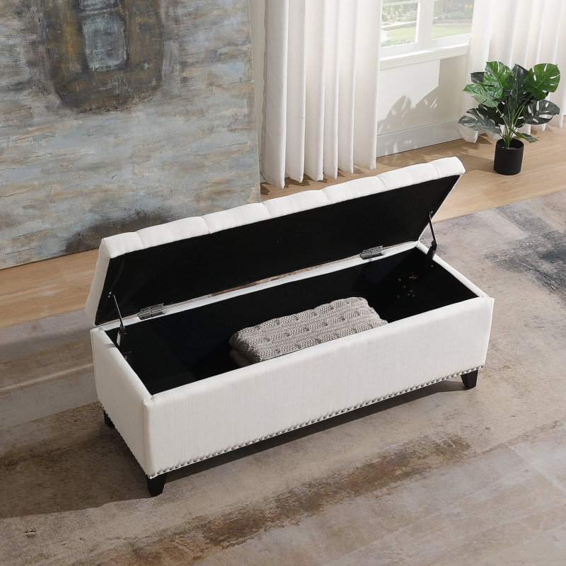 Banc de rangement en lin capitonné, Beige