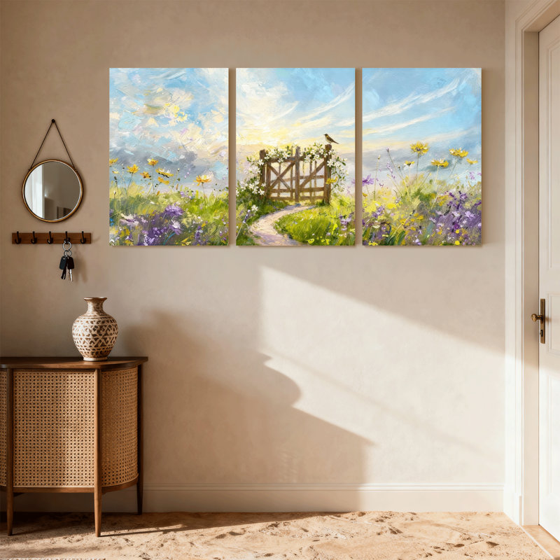 Bouquets de fleurs assortis avec sentier de jardin et barrière en bois, ensemble de 3 impressions sur toile