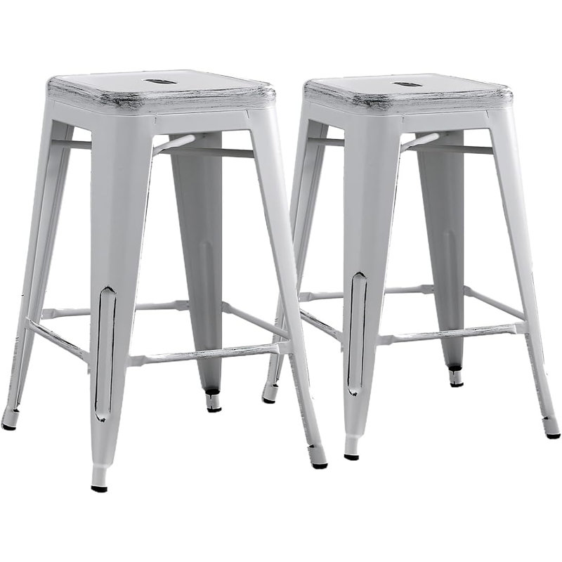 24" Backless Distressed White Metal Bar Stools - Industrial, Rustic, Vintage, Counter Height | Gift Idea, White