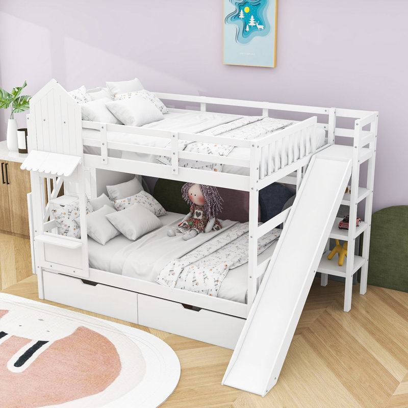 2 Drawers Bunk Bed with Storage Stairs, Slide and Shelves, Full over Full, White