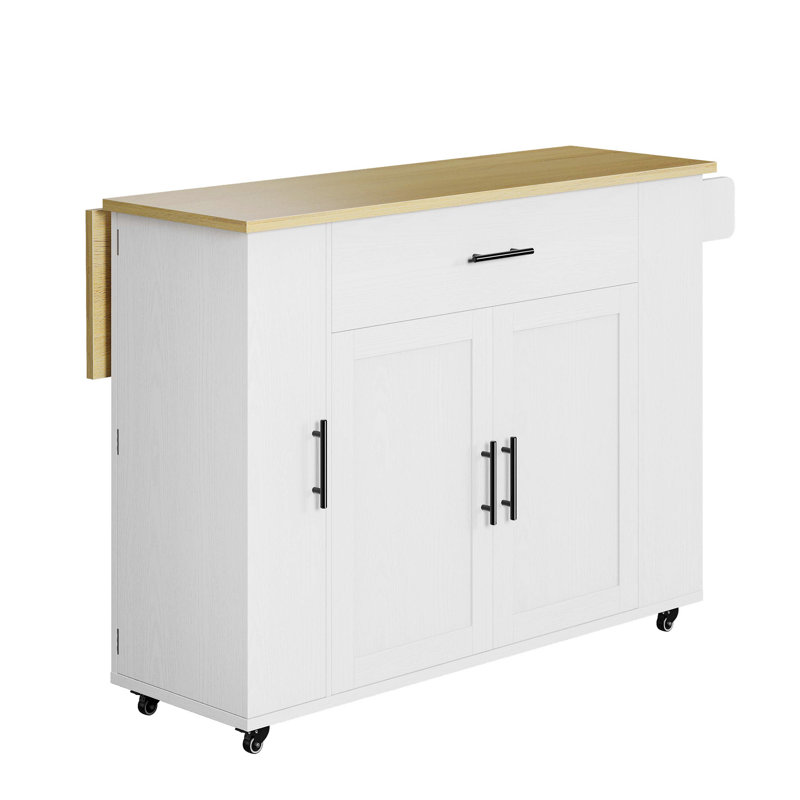 47.2" W Rolling Kitchen Island With Drawer And Cabinets, Kitchen Cart With Drop Leaf, Lockable Wheels And Towel Rack, Island For Kitchen, Dining Room