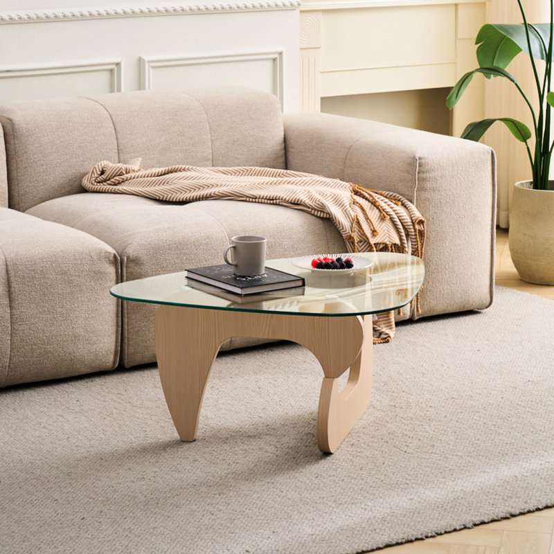 Table basse en verre de style moderne du milieu du siècle avec finition brun noyer, largeur 65,3 cm, utilisable en toute sécurité comme petite table centrale en bois, convient à divers espaces.