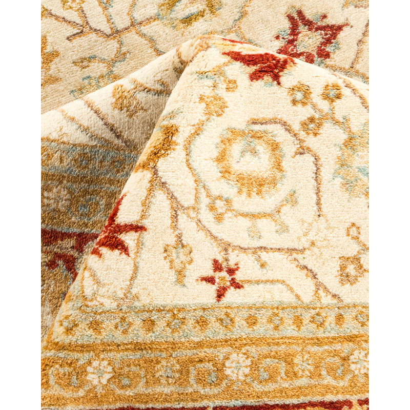 Tapis ivoire / rouge noué à la main de conception unique et unique 6 pi 2 po x 6 pi 4 po Oakhur