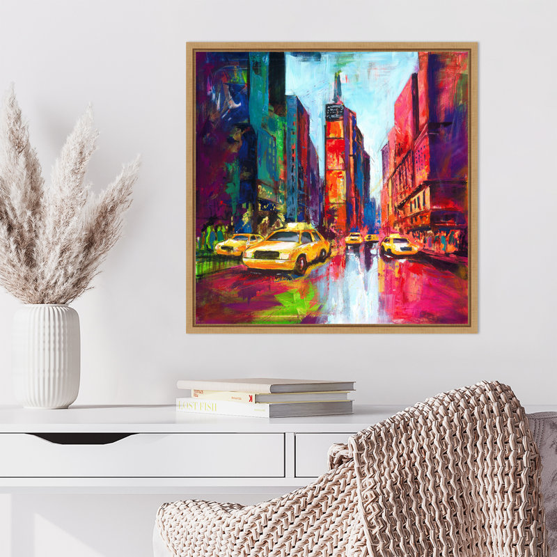 "Times Square with Yellow Cabs" par Kinley, reproduction d'art sur toile encadrée, H 22 po x l 22 po
