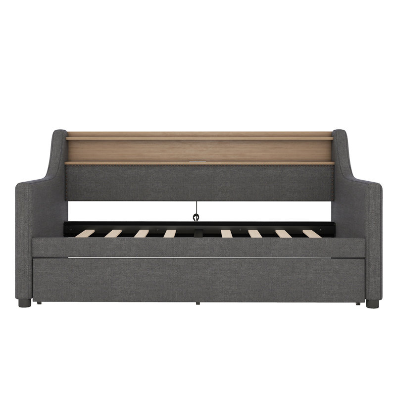 Wingo Upholstered Daybed With Trundle And LED Lights, Gray