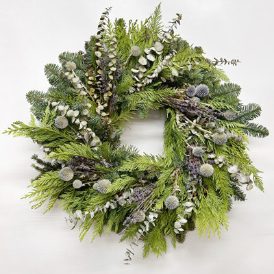 Natural Fresh Evergreens and Dried Flower Holiday Eucalyptus, Lavender, Echinops, and Cedar Wreath