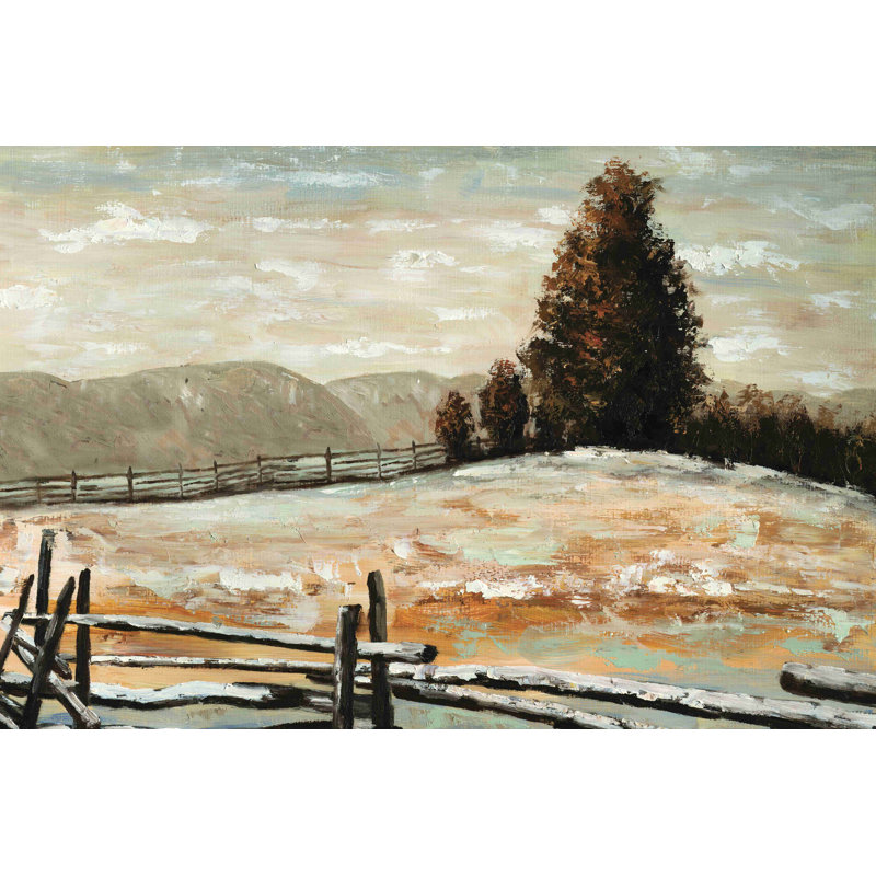 Clôture et champ - peinture sur toile tendue, H 8 po x l 12 po