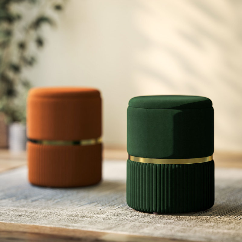 Amberella Round Storage Stool, Vanity Ottoman, Padded Seat, Green
