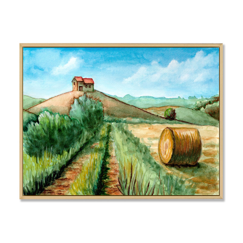 Paysage de récolte champêtre - Peinture sur toile, H 16 po x l 32 po, Cadre flottant en érable