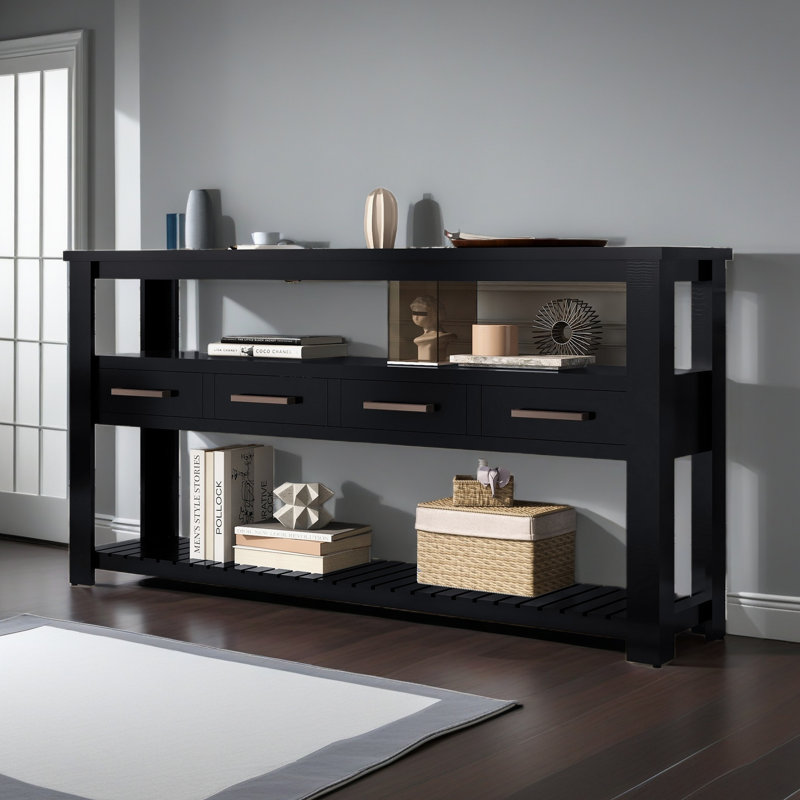 Console moderne pour salon avec 4 tiroirs et 2 tablettes, Noir, noir, noir, noir