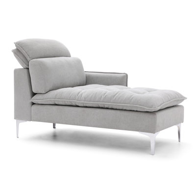 Chaise longue de 55 po pour bureau de chambre à coucher, rembourrée grise avec accoudoir gauche et coussin lombaire, bouton, mousse confortable, structure en bois robuste, fauteuil naturel à assemblage facile, chambre à coucher, détente