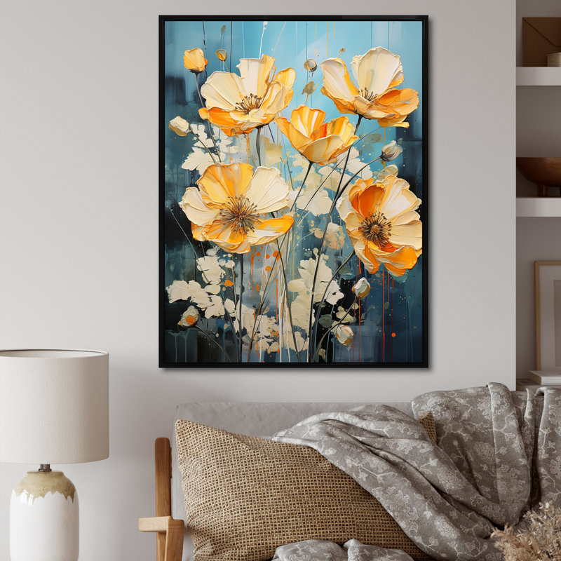 «Buttercups Burst With Fierce Brushwork I», reproduction sur toile, H 32 po x l 16 po, Cadre flottant noir