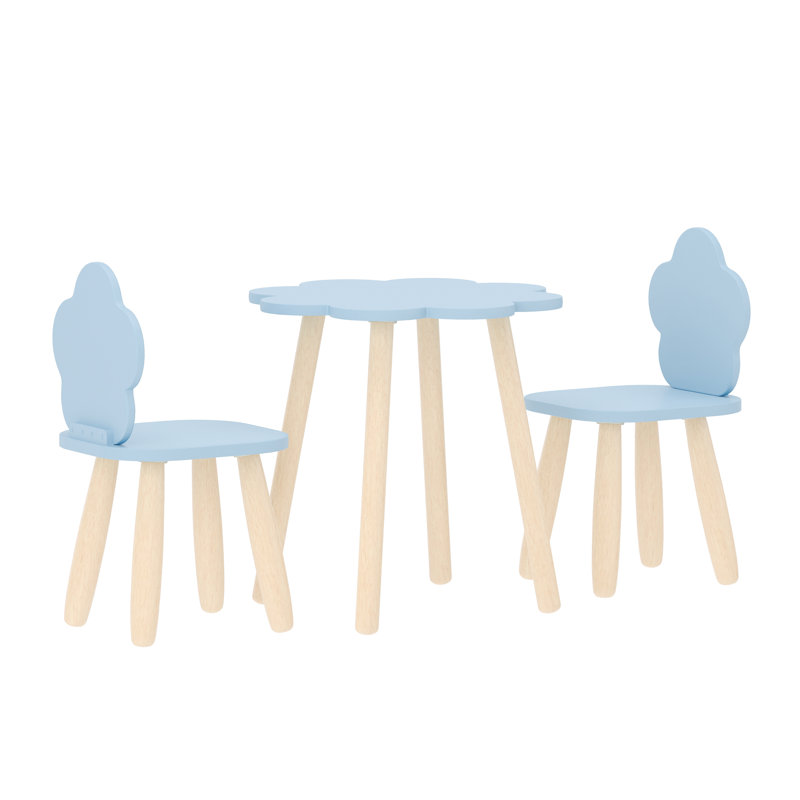 3 Piece Kids Wooden Table And Chairs Set With Cloud Shaped Backrests And Tabletop, Blue
