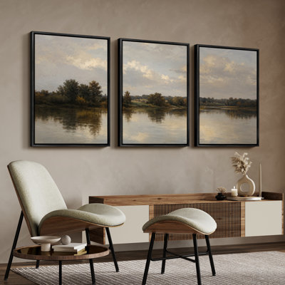 Calm Lake Island Trees Landscape Farmhouse Living Room Decor 3 Pieces Framed Print Wall Art